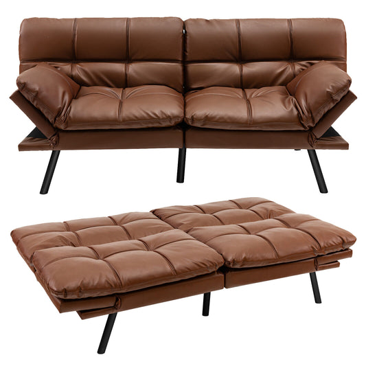 Convertible Memory Foam Futon Sofa Bed with Adjustable Armrests, Brown Upholstery