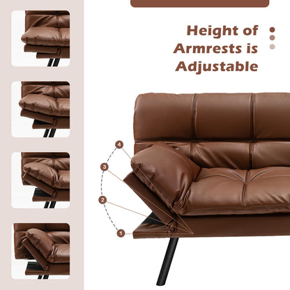 Convertible Memory Foam Futon Sofa Bed with Adjustable Armrests, Brown Upholstery