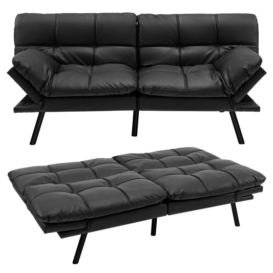 Convertible Memory Foam Futon Sofa Bed with Adjustable Armrests, Black Upholstery