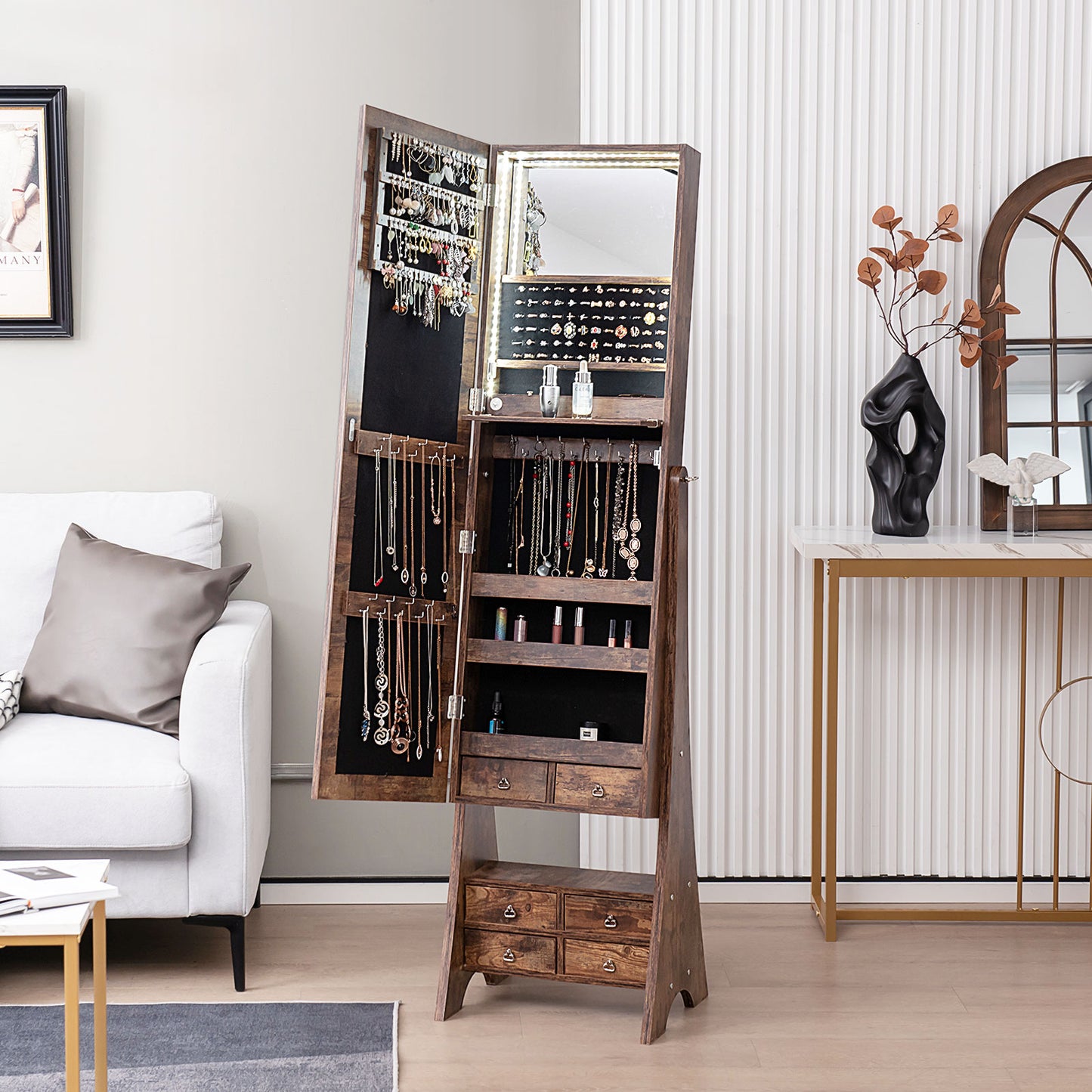 Freestanding Jewelry Armoire with Full-Length LED Mirror and 6 Storage Drawers – Rustic Brown
