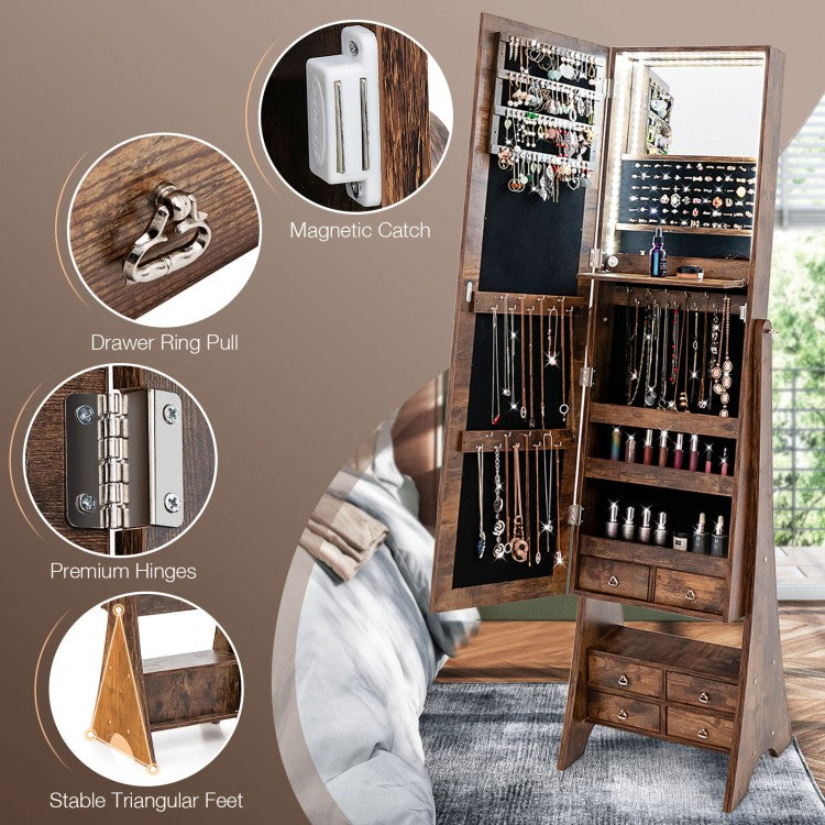 Freestanding Jewelry Armoire with Full-Length LED Mirror and 6 Storage Drawers – Rustic Brown