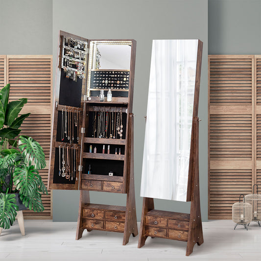 Freestanding Jewelry Armoire with Full-Length LED Mirror and 6 Storage Drawers – Rustic Brown