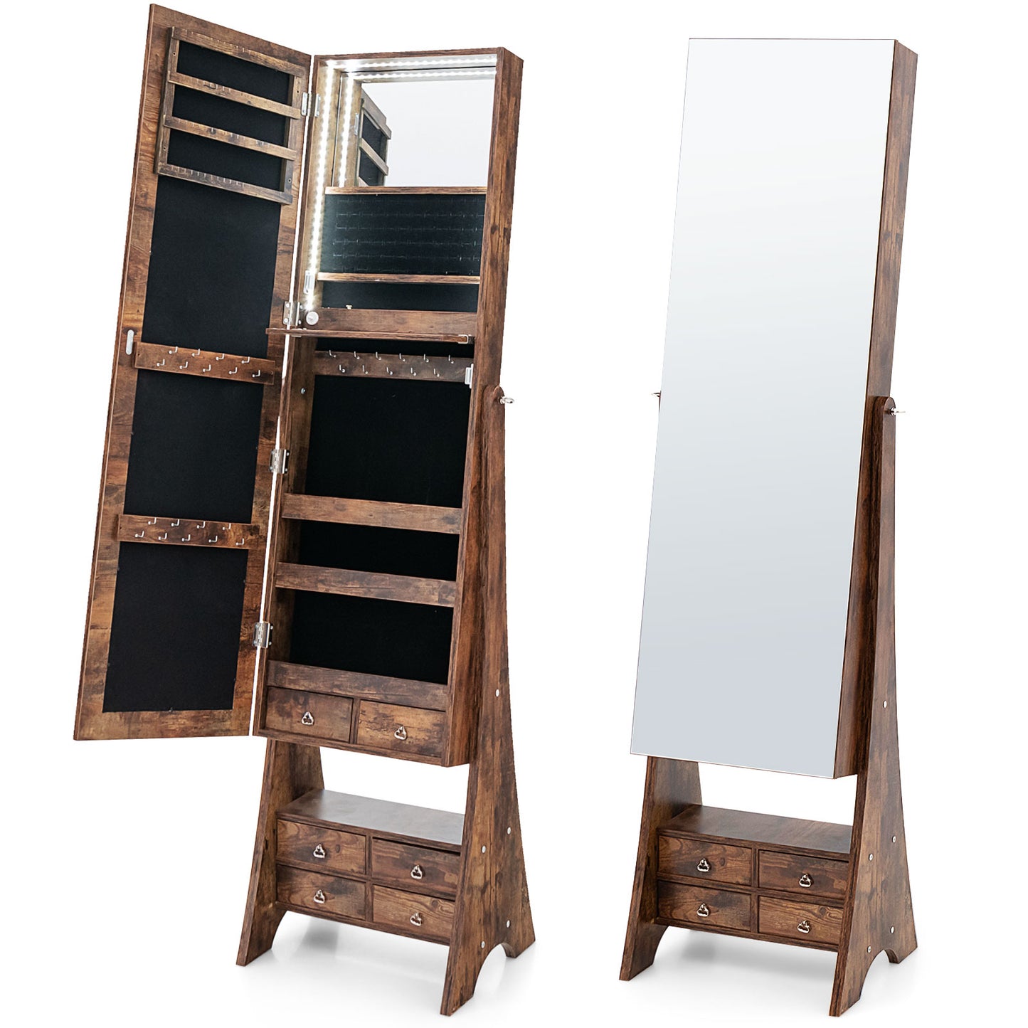 Freestanding Jewelry Armoire with Full-Length LED Mirror and 6 Storage Drawers – Rustic Brown