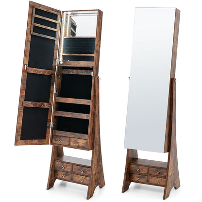 Freestanding Jewelry Armoire with Full-Length LED Mirror and 6 Storage Drawers – Rustic Brown
