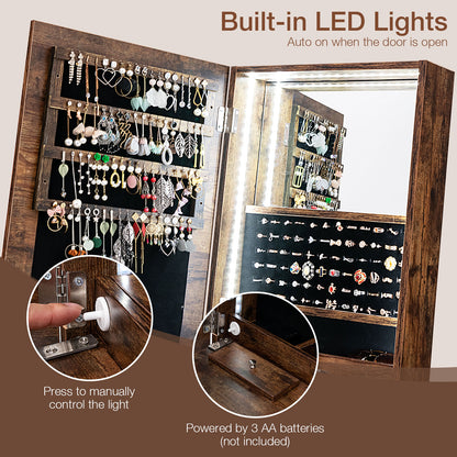 Freestanding Jewelry Armoire with Full-Length LED Mirror and 6 Storage Drawers – Rustic Brown