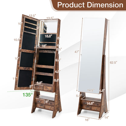 Freestanding Jewelry Armoire with Full-Length LED Mirror and 6 Storage Drawers – Rustic Brown