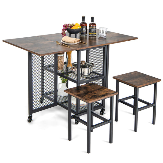 Expandable Drop Leaf Dining Table Set with Lockable Swivel Wheels and Storage Stools
