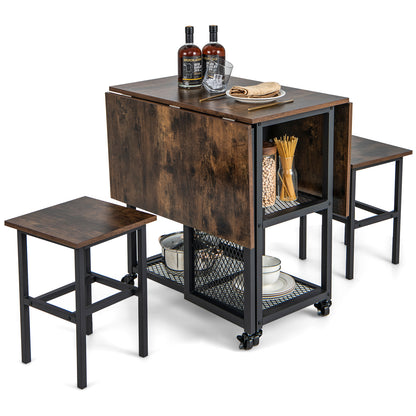 Expandable Drop Leaf Dining Table Set with Lockable Swivel Wheels and Storage Stools