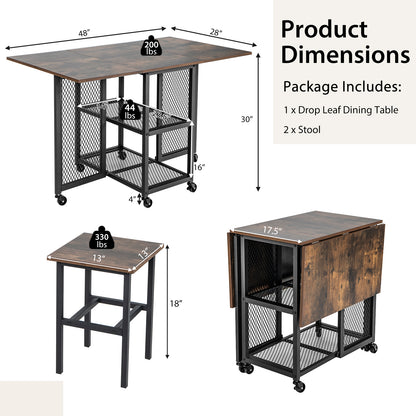 Expandable Drop Leaf Dining Table Set with Lockable Swivel Wheels and Storage Stools