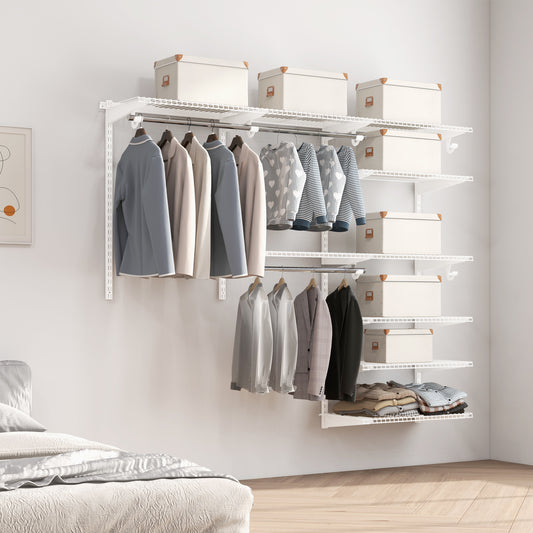 Adjustable Closet Organizer Kit with Shelves and Hanging Rods for 4–6 FT Spaces – Steel Storage System, White