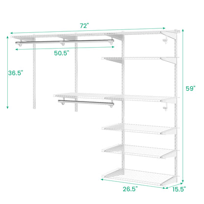Adjustable Closet Organizer Kit with Shelves and Hanging Rods for 4–6 FT Spaces – Steel Storage System, White