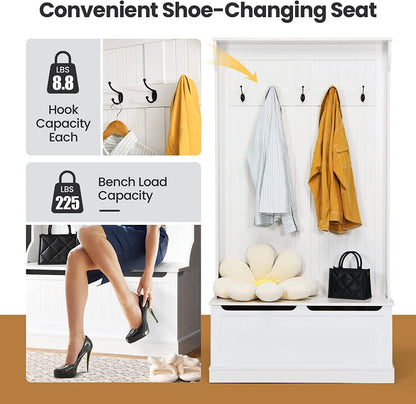 All-in-One Hall Tree with Shoe Bench Coat Hooks and Enclosed Storage