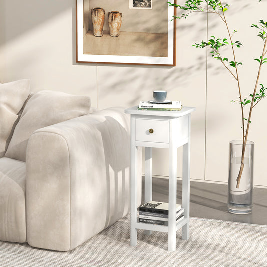 2-Tier Bedside Table with Drawer and Storage Shelf in White Finish