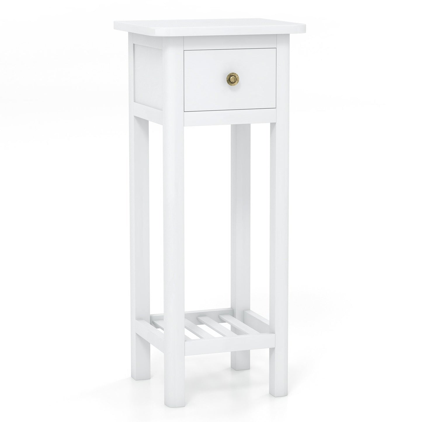 2-Tier Bedside Table with Drawer and Storage Shelf in White Finish