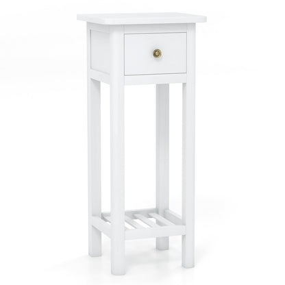 2-Tier Bedside Table with Drawer and Storage Shelf in White Finish