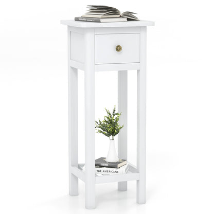 2-Tier Bedside Table with Drawer and Storage Shelf in White Finish