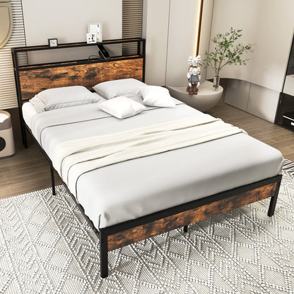 Full Size Rustic Brown Platform Bed with 2-Tier Storage Headboard and Fast-Charging Power Station