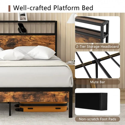 Full Size Rustic Brown Platform Bed with 2-Tier Storage Headboard and Fast-Charging Power Station