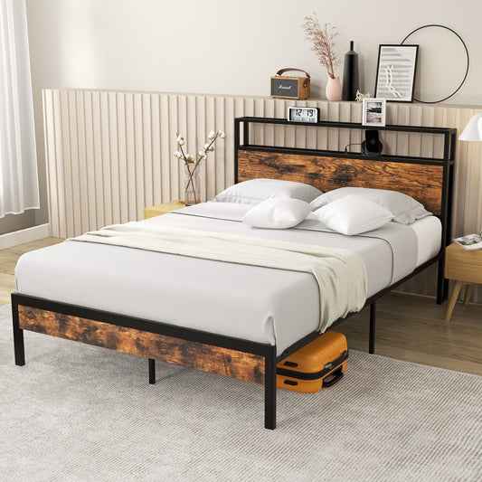 Full Size Rustic Brown Platform Bed with 2-Tier Storage Headboard and Fast-Charging Power Station