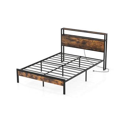 Full Size Rustic Brown Platform Bed with 2-Tier Storage Headboard and Fast-Charging Power Station