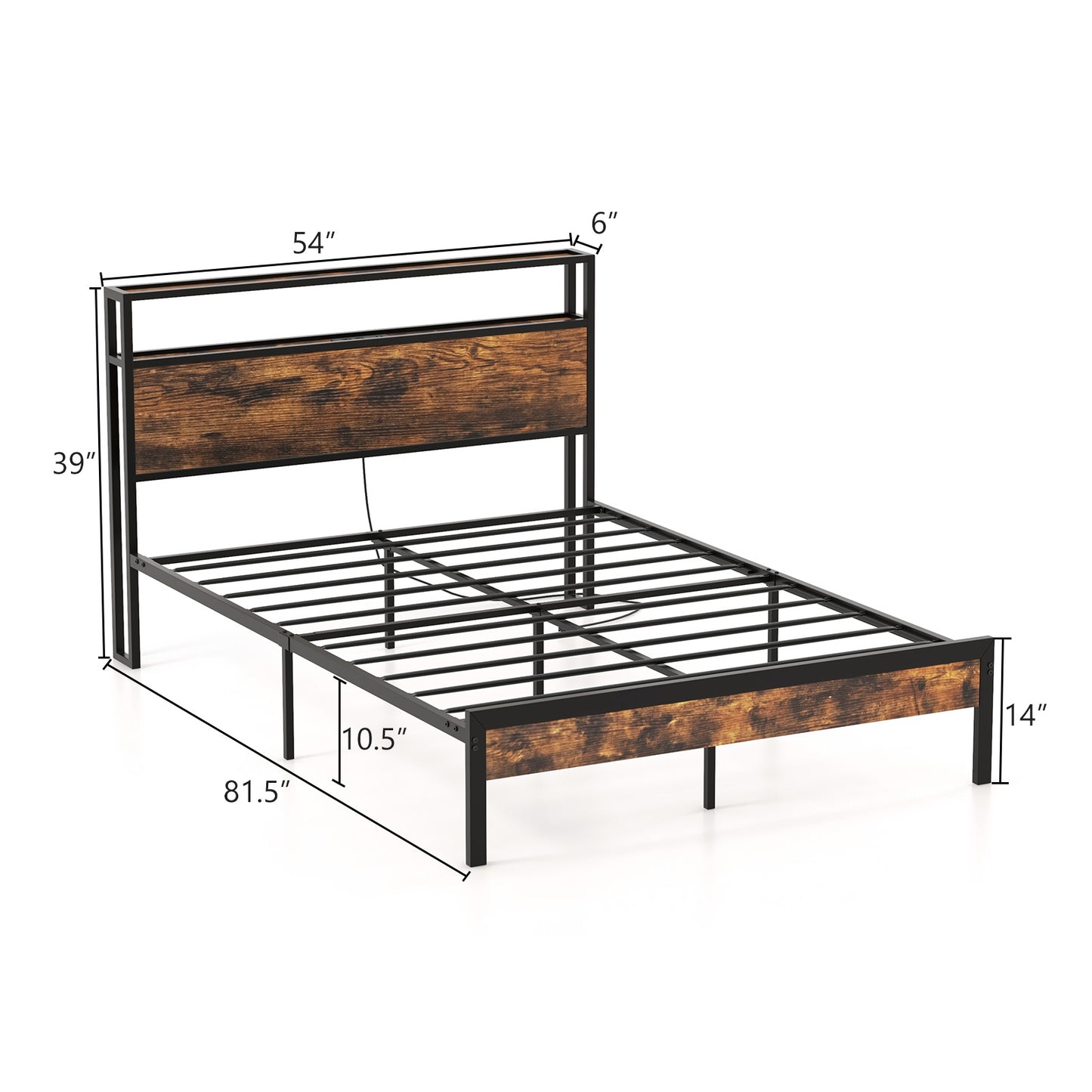 Full Size Rustic Brown Platform Bed with 2-Tier Storage Headboard and Fast-Charging Power Station