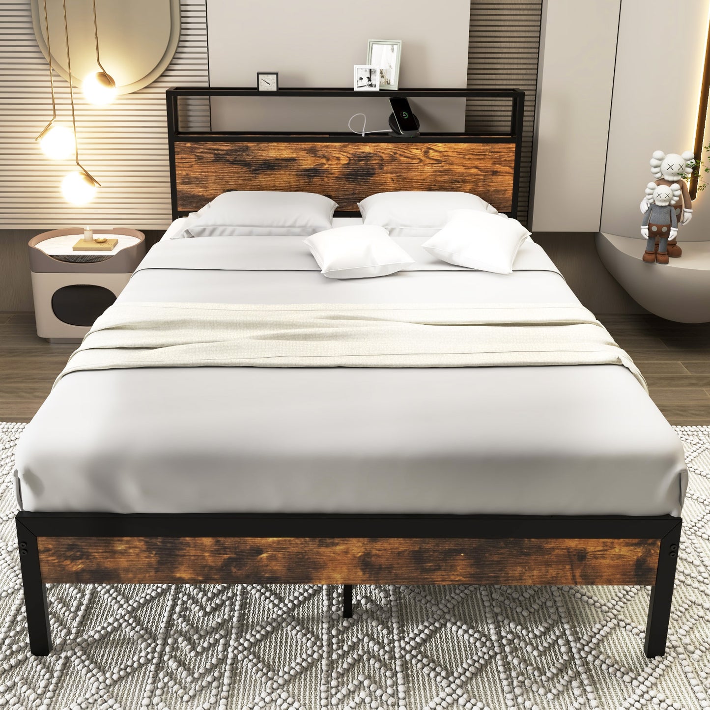 Full Size Rustic Brown Platform Bed with 2-Tier Storage Headboard and Fast-Charging Power Station
