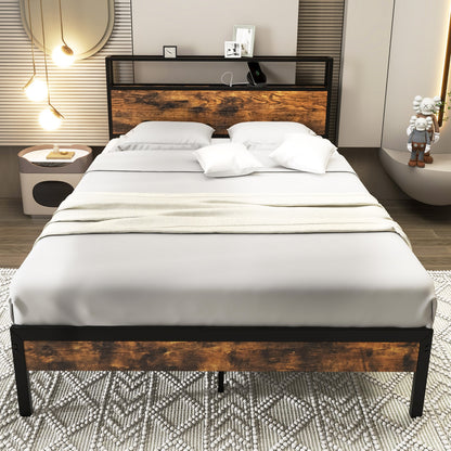 Full Size Rustic Brown Platform Bed with 2-Tier Storage Headboard and Fast-Charging Power Station
