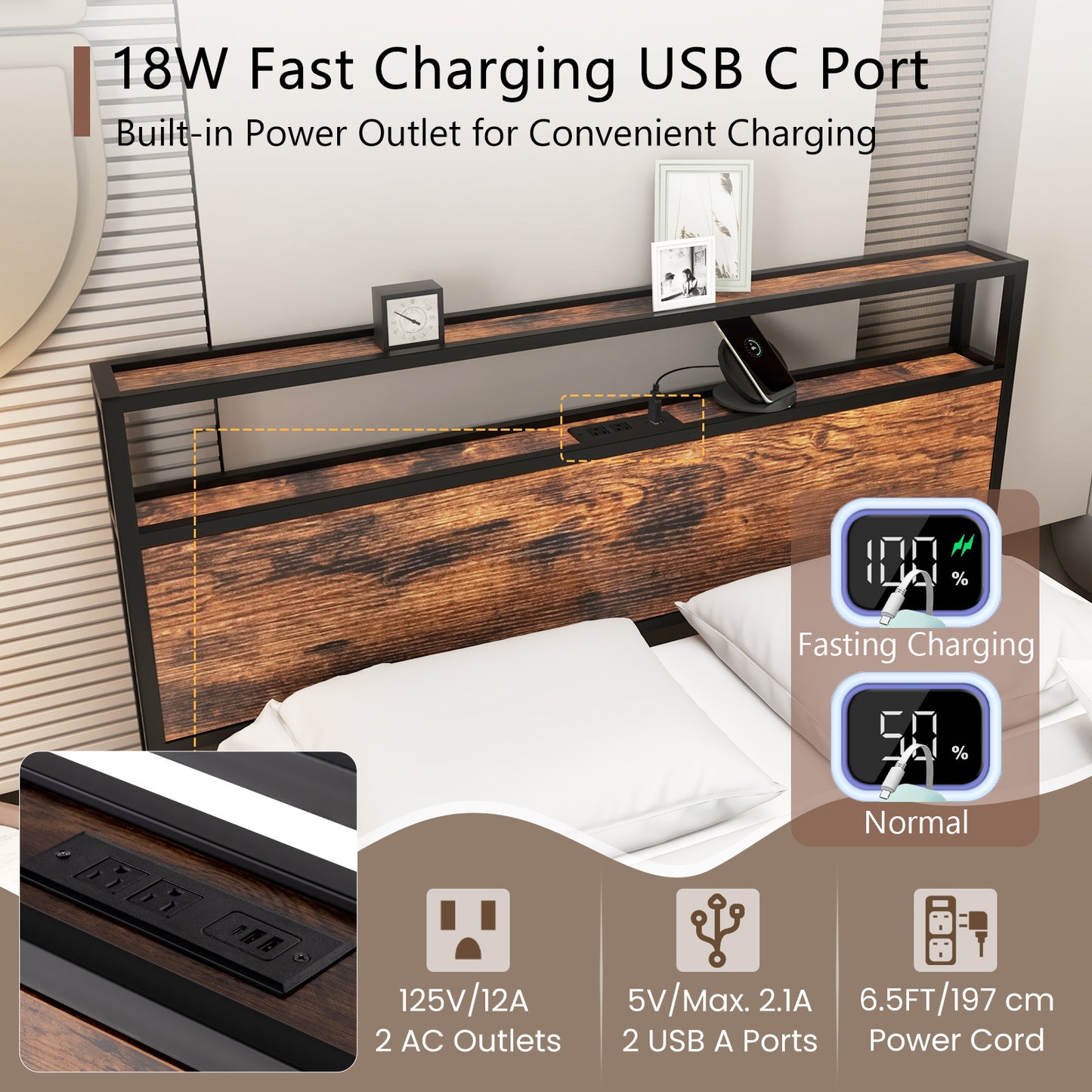 Full Size Rustic Brown Platform Bed with 2-Tier Storage Headboard and Fast-Charging Power Station