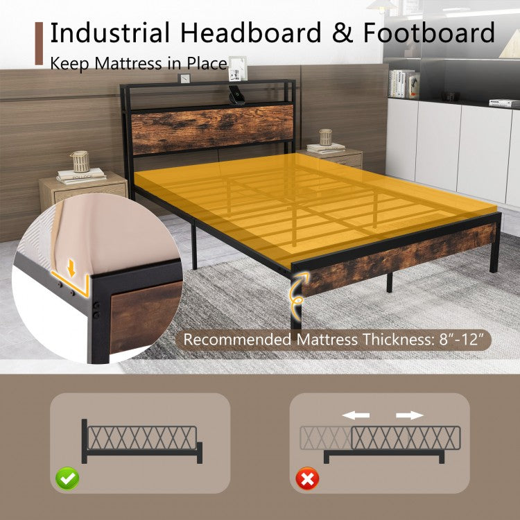 Full Size Rustic Brown Platform Bed with 2-Tier Storage Headboard and Fast-Charging Power Station