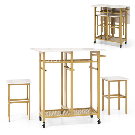 3 Piece Dining Table Set with 6-Bottle Wine Rack and Storage Stools - White