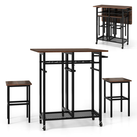 3 Piece Dining Table Set with 6-Bottle Wine Rack and Storage Stools - Brown