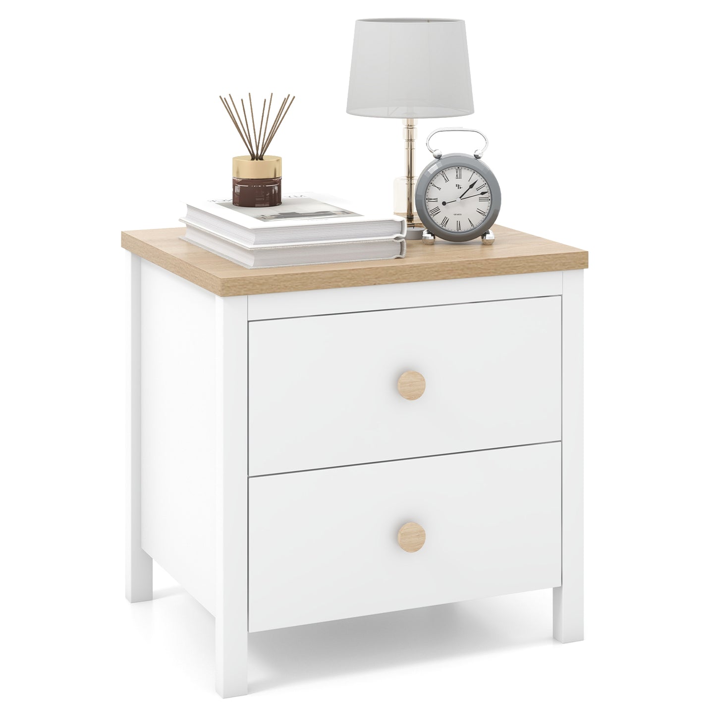 Farmhouse 2-Drawer Nightstand with Solid Rubber Wood Legs White