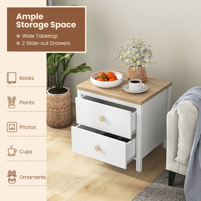 Farmhouse 2-Drawer Nightstand with Solid Rubber Wood Legs White