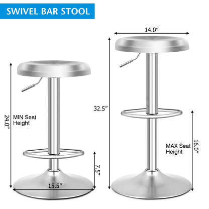 Modern Adjustable Swivel Bar Stool with Footrest and Stainless Steel Seat, Set of 1