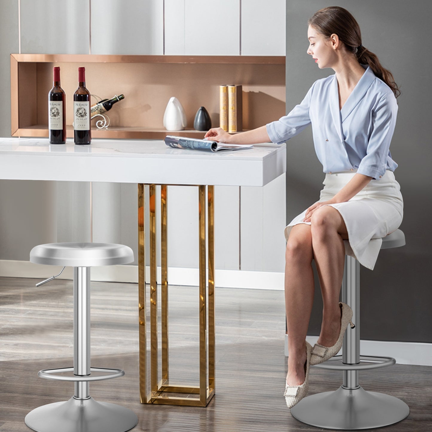 Modern Adjustable Swivel Bar Stool with Footrest and Stainless Steel Seat, Set of 1