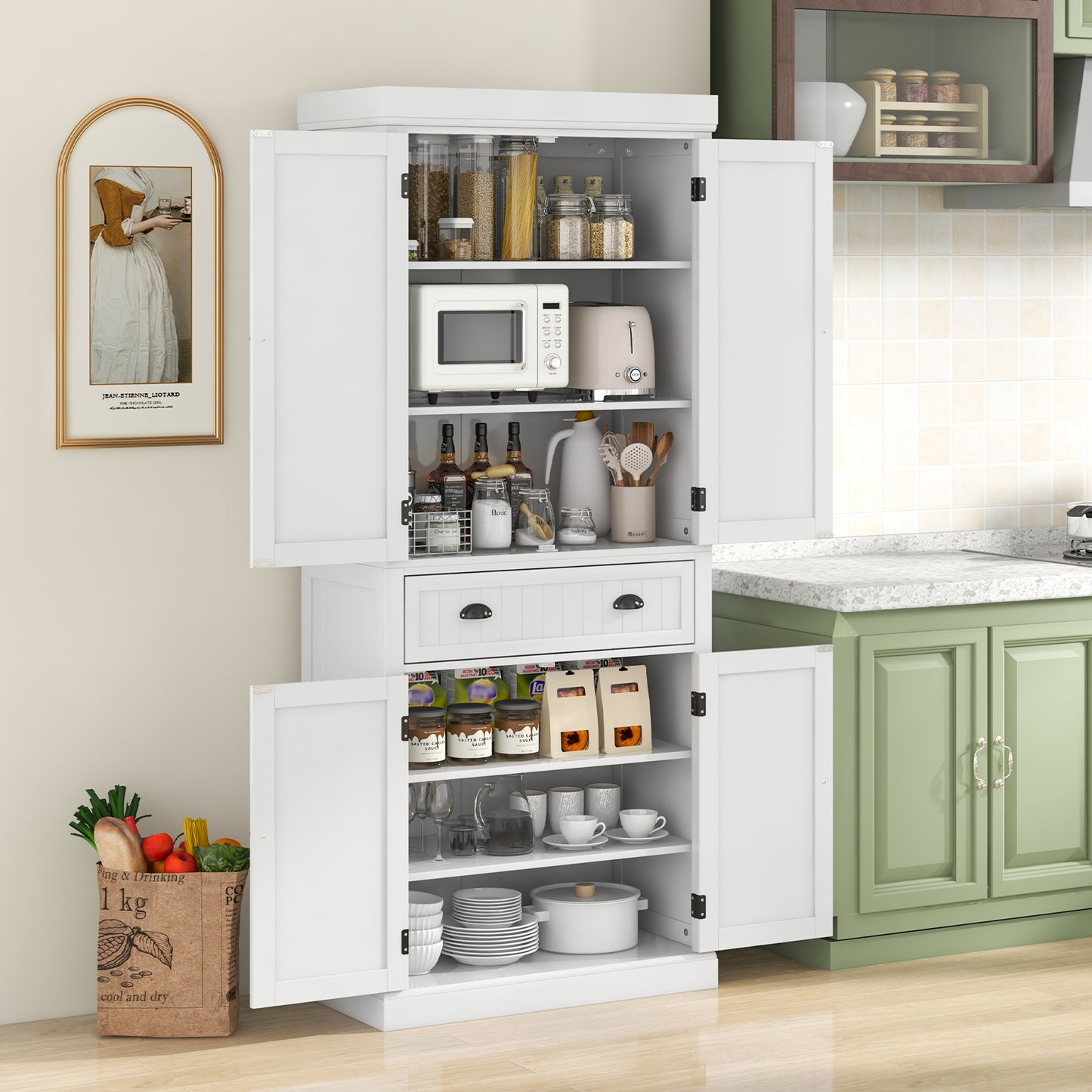 4 Door Freestanding Pantry Cabinet with Adjustable Shelves, Large Drawer, and Modern Design - White