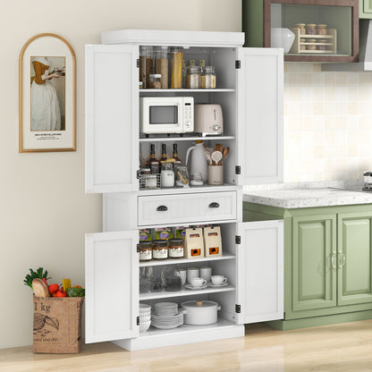 4 Door Freestanding Pantry Cabinet with Adjustable Shelves, Large Drawer, and Modern Design - White
