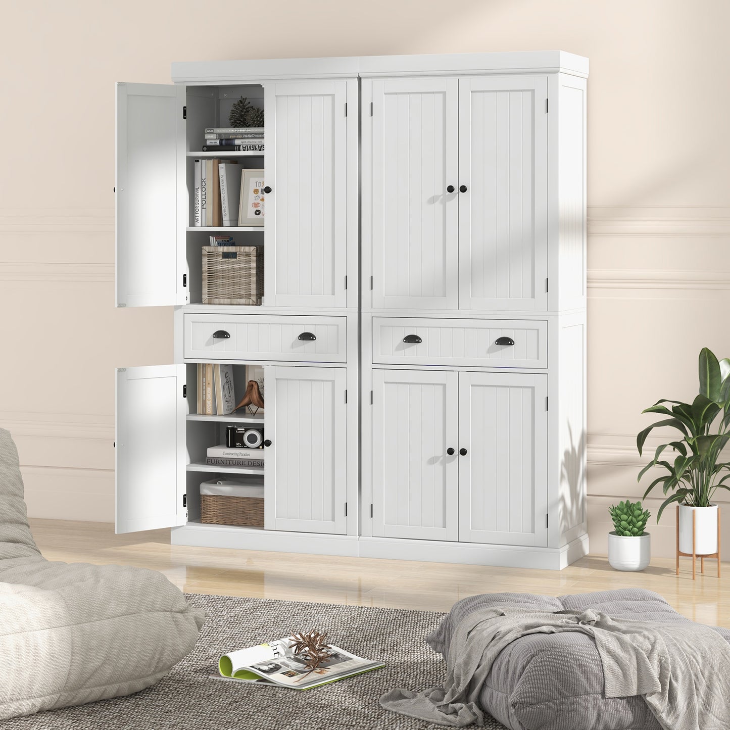 4 Door Freestanding Pantry Cabinet with Adjustable Shelves, Large Drawer, and Modern Design - White