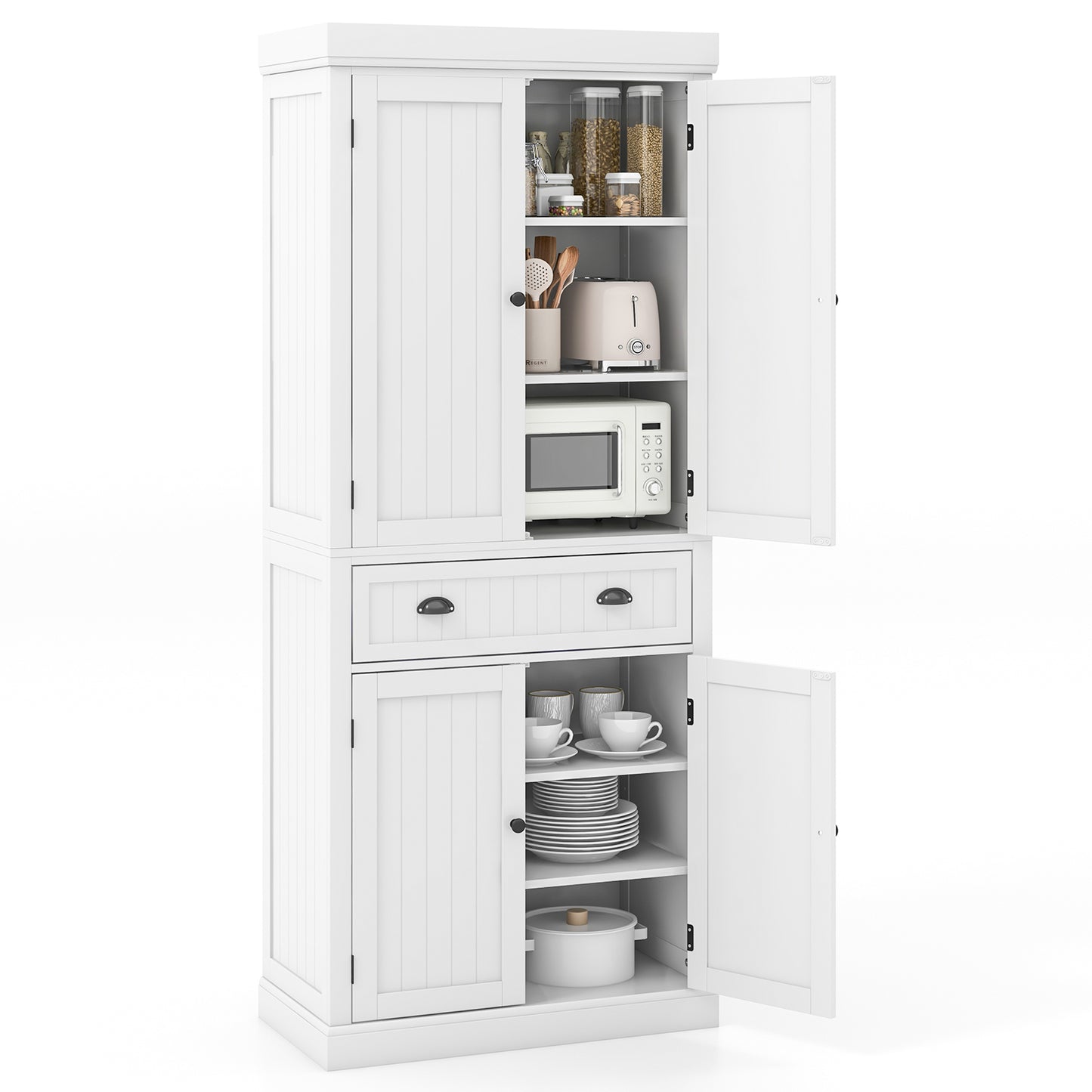 4 Door Freestanding Pantry Cabinet with Adjustable Shelves, Large Drawer, and Modern Design - White