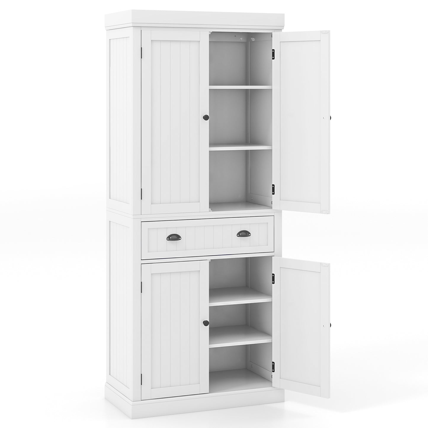4 Door Freestanding Pantry Cabinet with Adjustable Shelves, Large Drawer, and Modern Design - White
