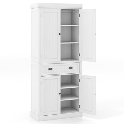 4 Door Freestanding Pantry Cabinet with Adjustable Shelves, Large Drawer, and Modern Design - White