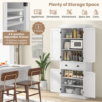 4 Door Freestanding Pantry Cabinet with Adjustable Shelves, Large Drawer, and Modern Design - White