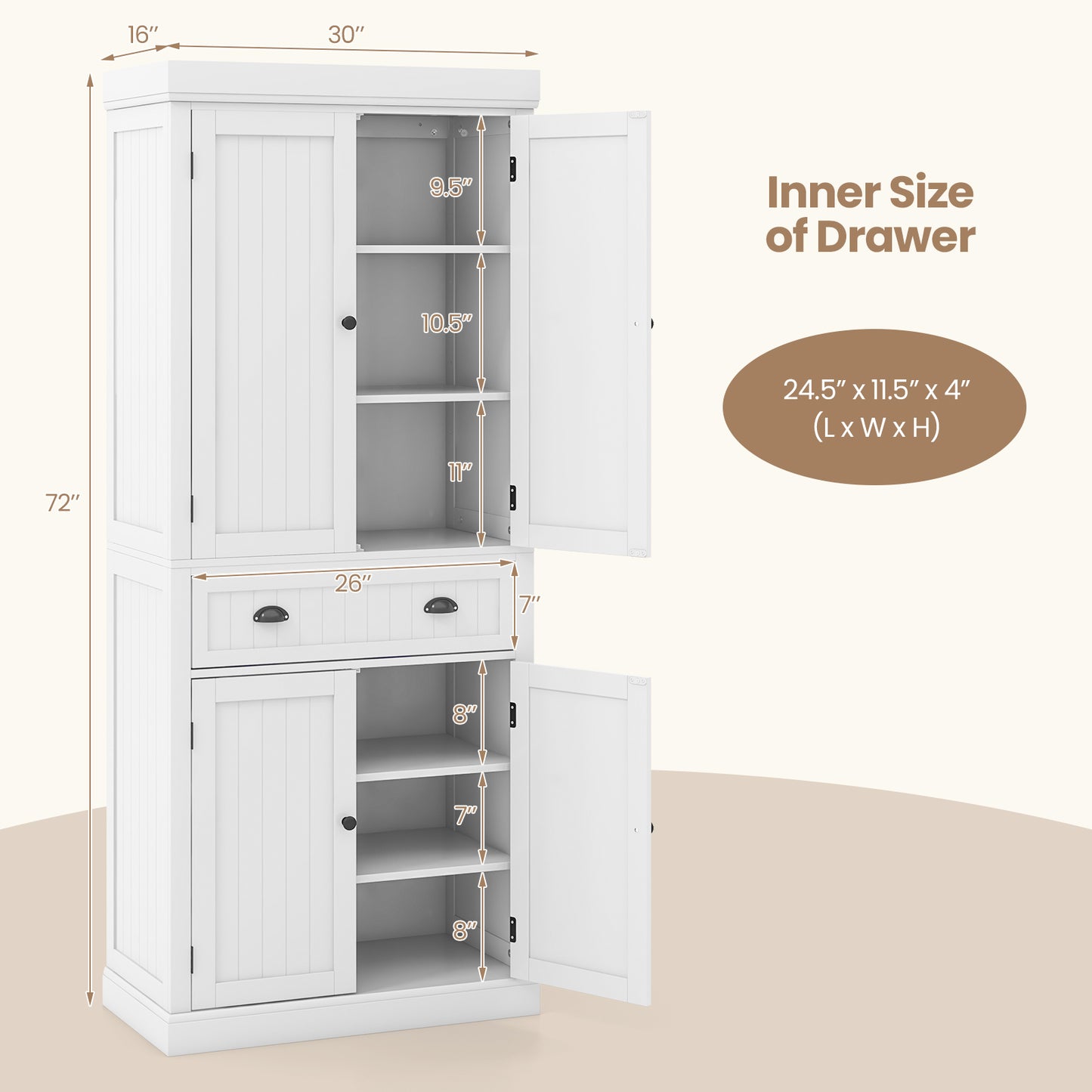 4 Door Freestanding Pantry Cabinet with Adjustable Shelves, Large Drawer, and Modern Design - White