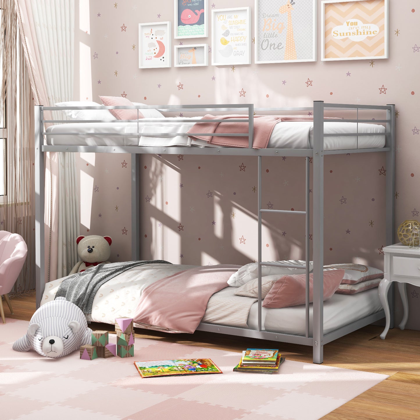 Durable Low Profile Twin Over Twin Metal Bunk Bed with Safety Guardrails - Silver