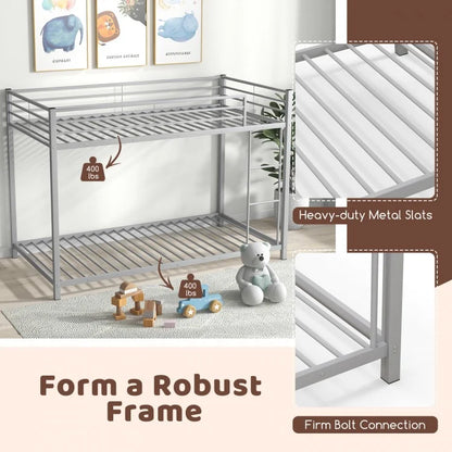 Durable Low Profile Twin Over Twin Metal Bunk Bed with Safety Guardrails - Silver