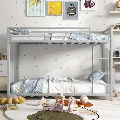 Durable Low Profile Twin Over Twin Metal Bunk Bed with Safety Guardrails - Silver