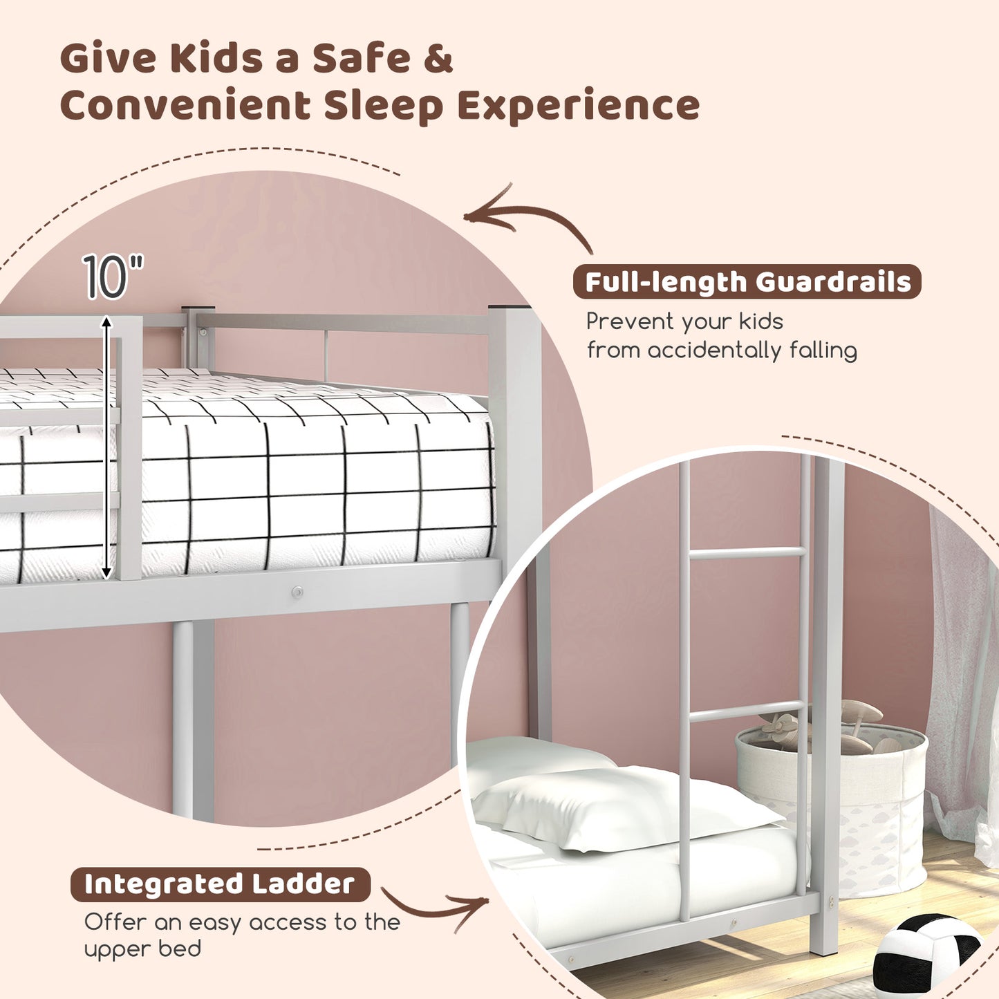 Durable Low Profile Twin Over Twin Metal Bunk Bed with Safety Guardrails - Silver