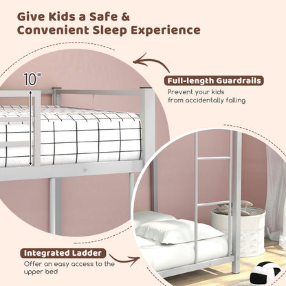 Durable Low Profile Twin Over Twin Metal Bunk Bed with Safety Guardrails - Silver