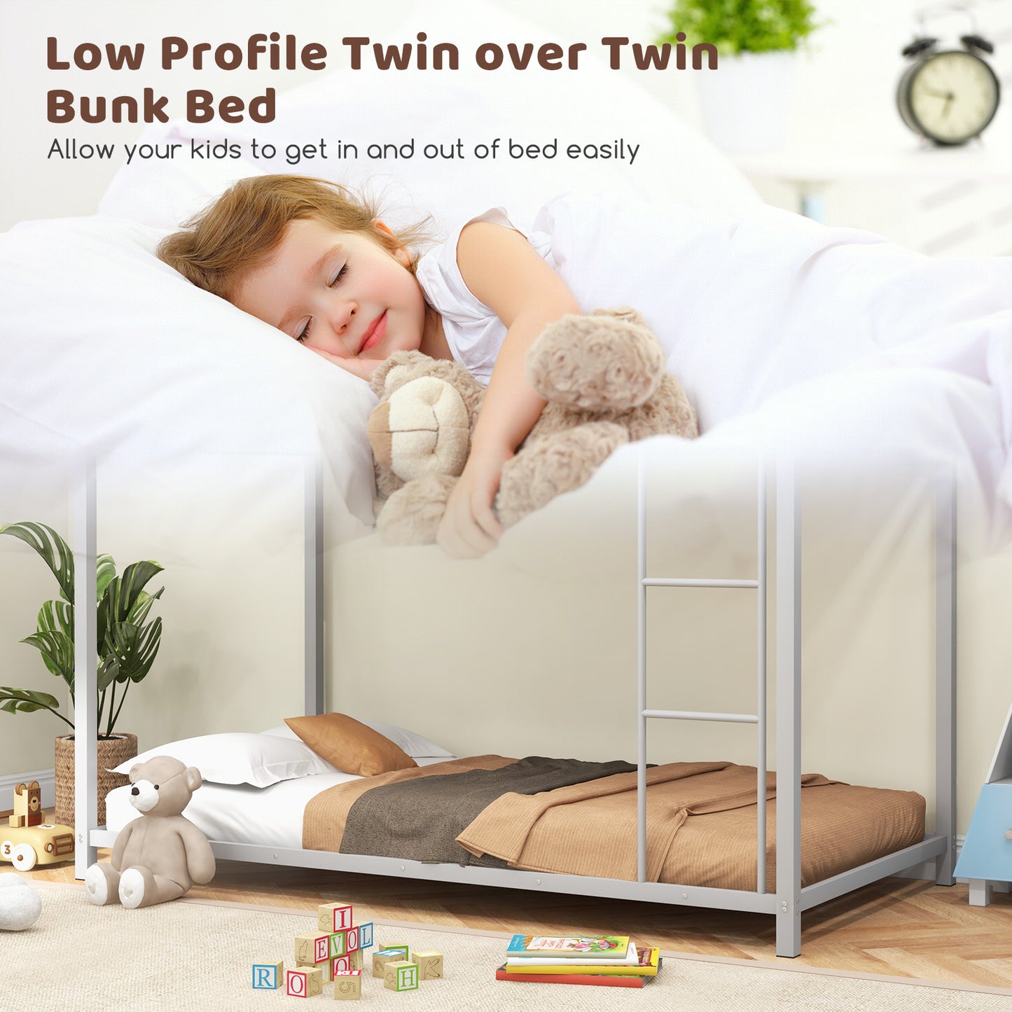 Durable Low Profile Twin Over Twin Metal Bunk Bed with Safety Guardrails - Silver