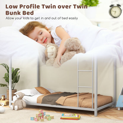 Durable Low Profile Twin Over Twin Metal Bunk Bed with Safety Guardrails - Silver